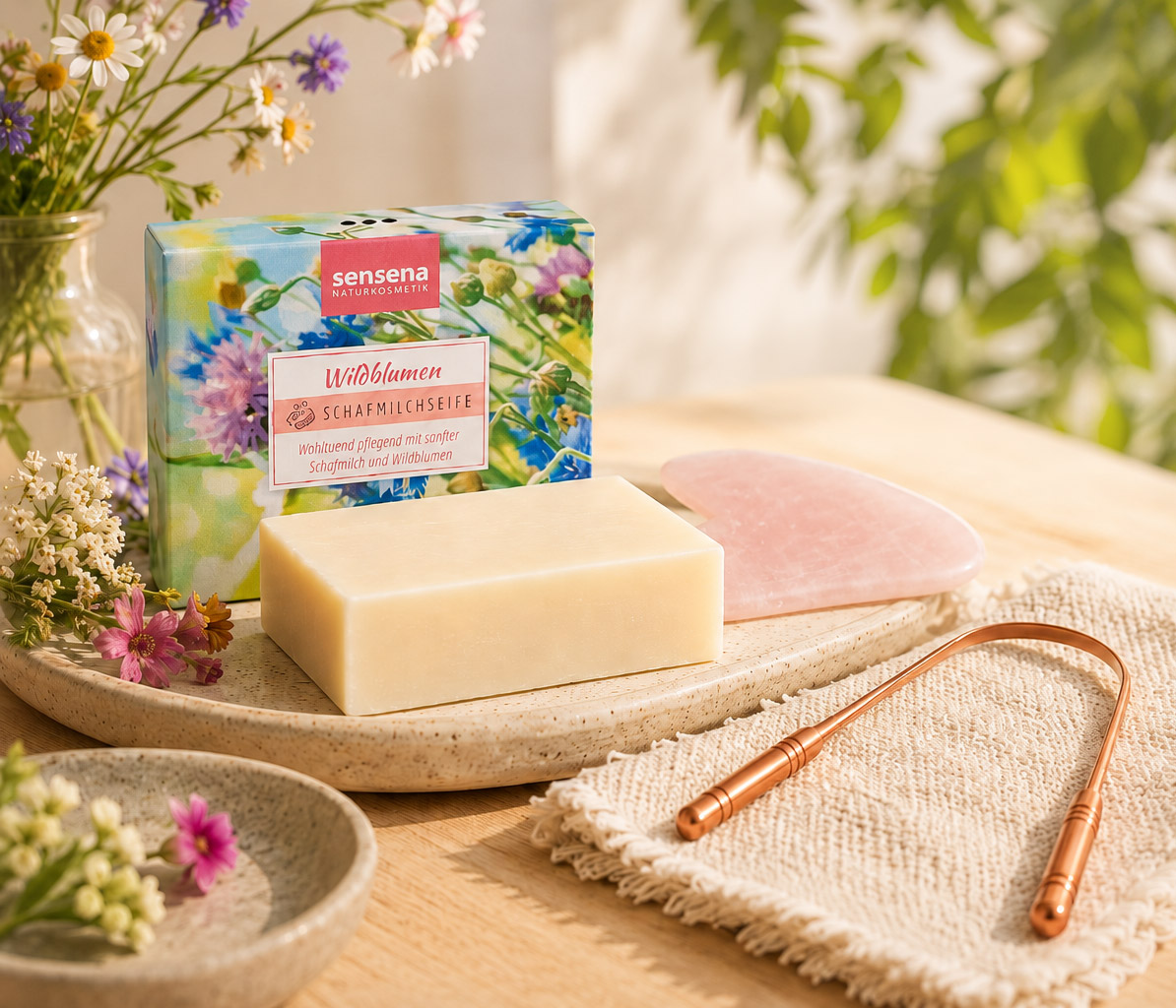 Wildblumen-Schafmilchseife mit Verpackung, ein heller Seifenblock und ein rosafarbener Massagestein auf einer Keramikplatte. Daneben liegen ein weiches Tuch und ein kupferfarbener Zungenreiniger, umgeben von zarten Wildblumen.