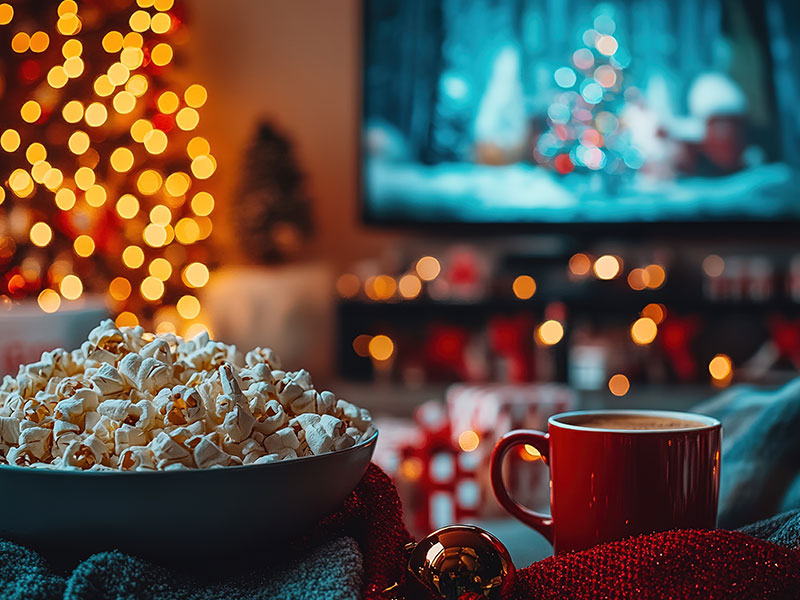 Popcorn und heiße Schokolade vor einem Fernseher mit einem Weihnachtsfilm
