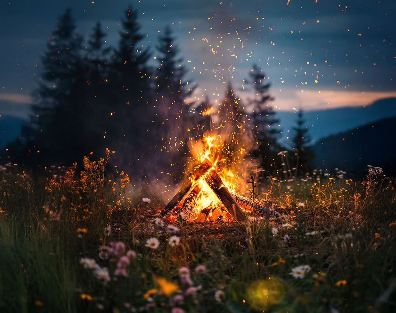 Ein hell loderndes Lagerfeuer brennt auf einer Wiese zwischen wilden Blumen. Funken steigen in den Abendhimmel, im Hintergrund dunkle Silhouetten von Nadelbäumen. Die Atmosphäre ist stimmungsvoll, warm und magisch.