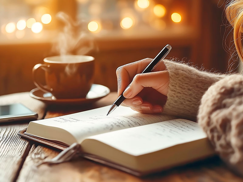 Eine Person trägt etwas in ein Notizbuch ein, im Hintergrund eine dampfende Kaffeetasse und warmes Licht