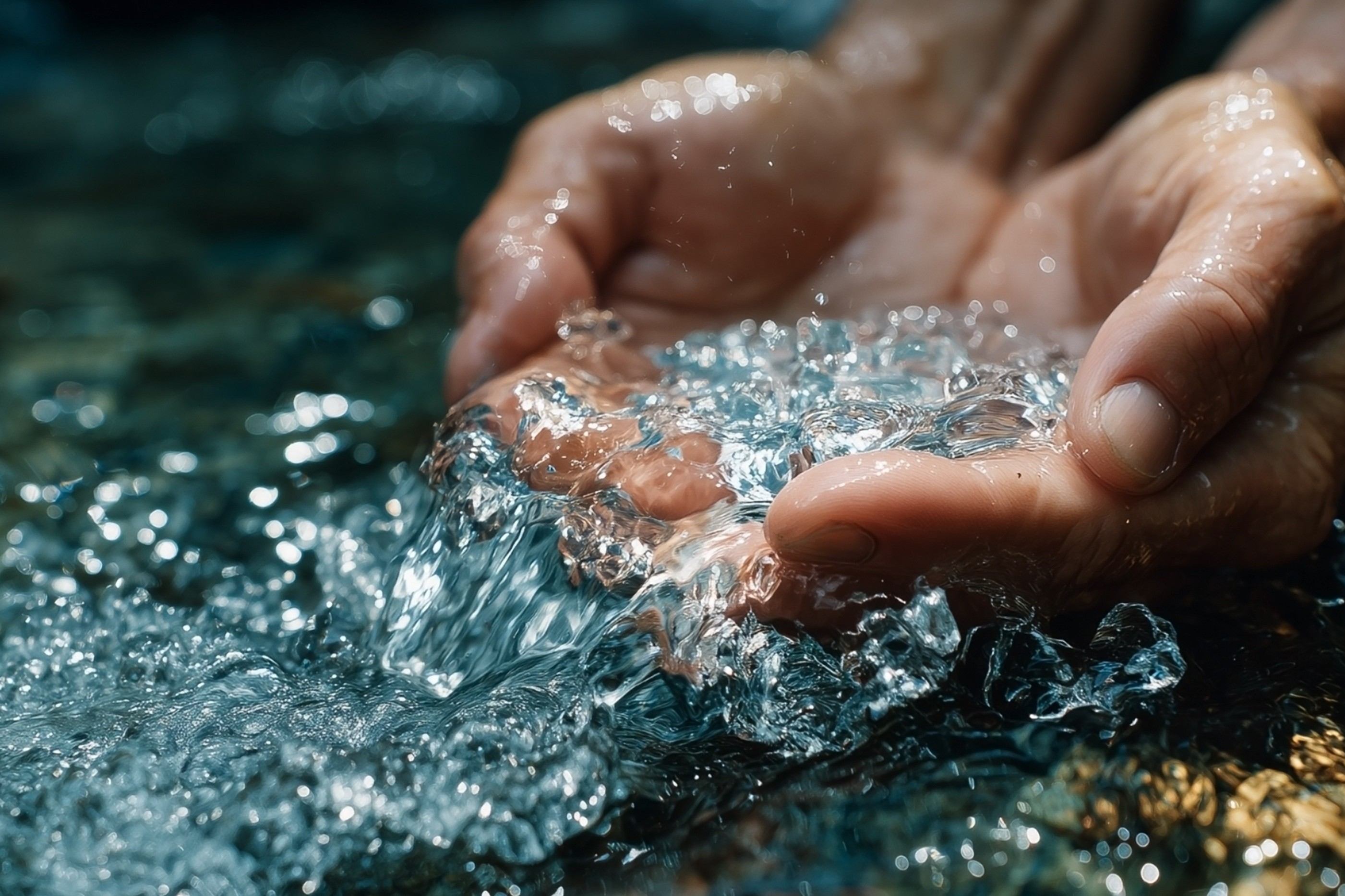 Zwei Hände schöpfen klares, sprudelndes Wasser aus einem dunklen Gewässer.
