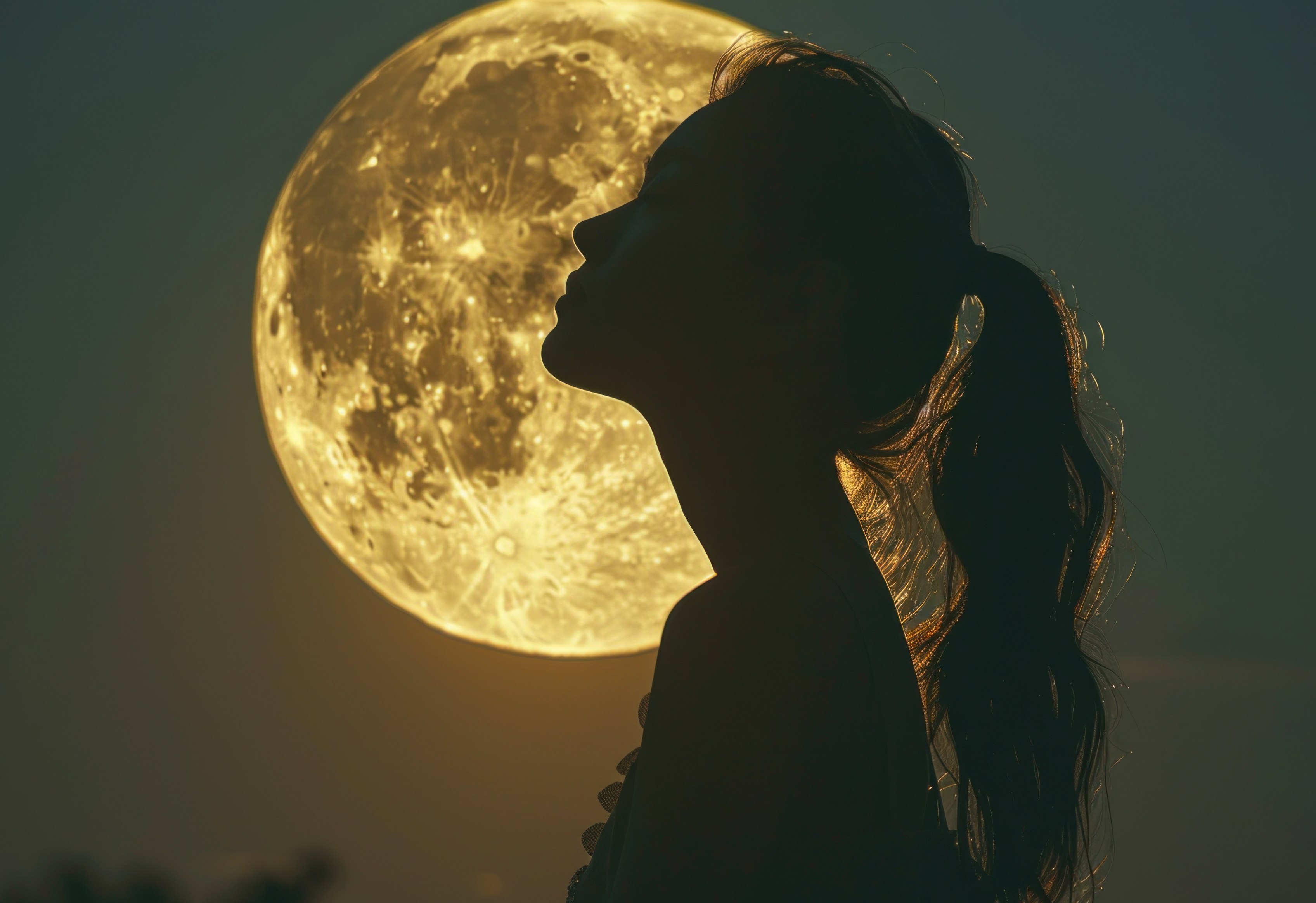 Silhouette einer Frau im Profil vor einem großen leuchtenden Vollmond.