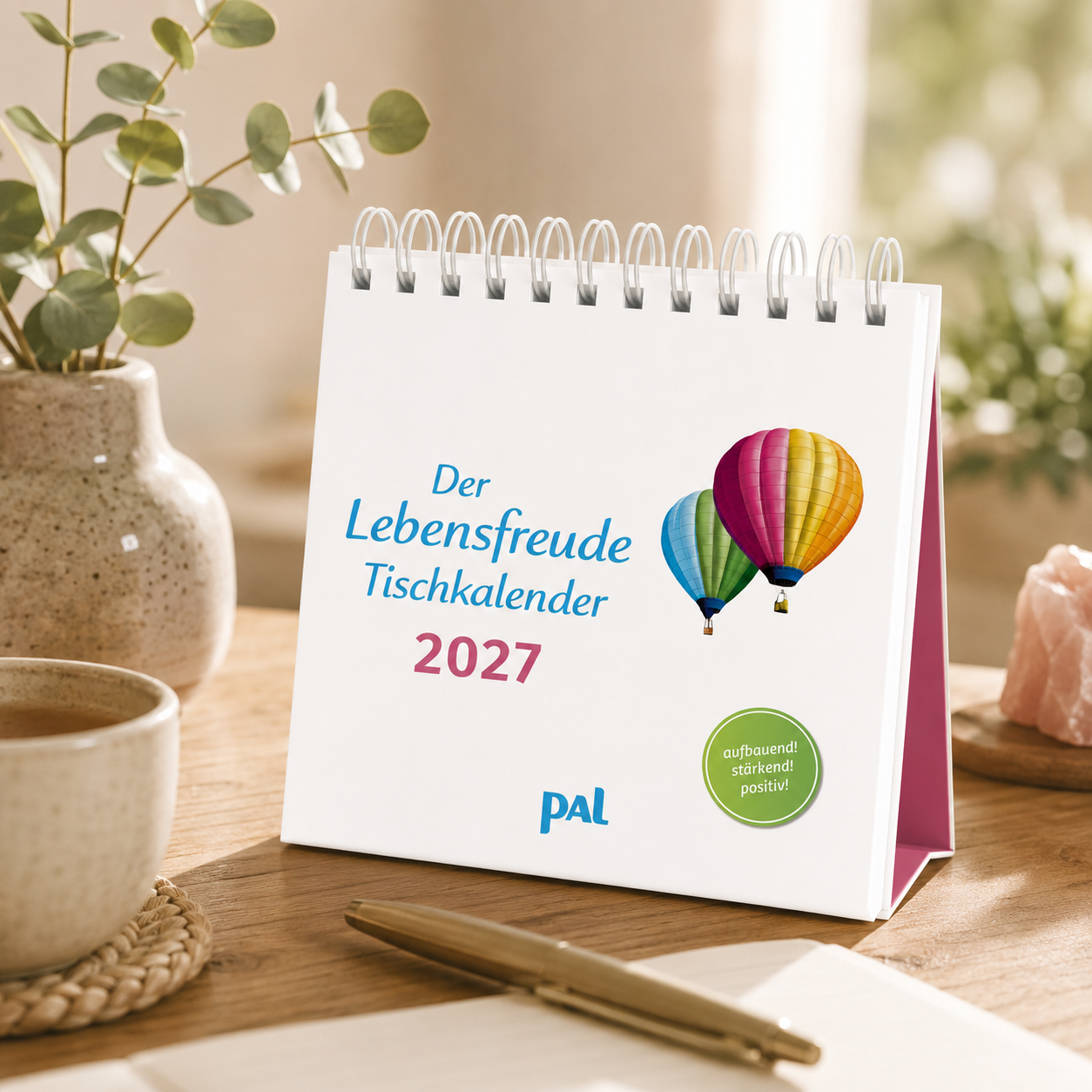 Tischkalender „Der Lebensfreude Tischkalender 2027“ mit weißer Spiralbindung auf einem Holztisch. Daneben stehen eine Tasse, eine kleine Vase mit Eukalyptus und ein Notizbuch in einem hellen, freundlich eingerichteten Wohnraum.