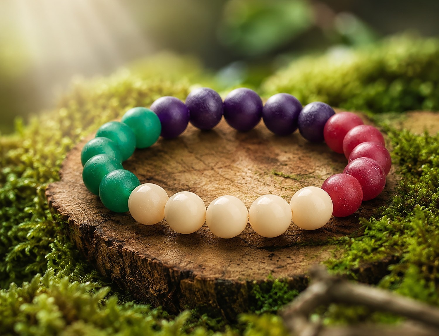 Armband aus runden Perlen in Grün, Violett, Rot und Creme auf einer Baumscheibe in moosiger Waldumgebung.
