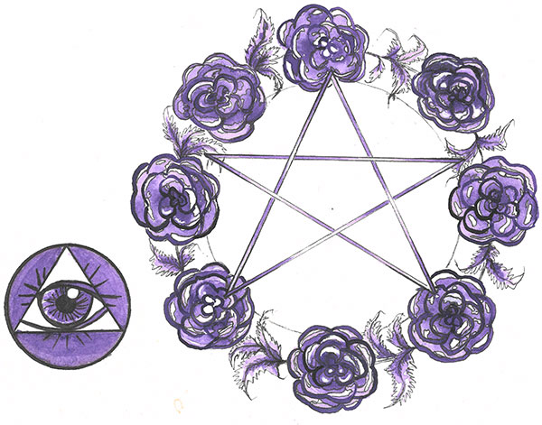 Lila Aquarellzeichnung von zwei Symbolen: Ein dreieckiges magisches Auge in einem Kreis sowie ein Pentagram umgeben von einem Kranz aus Rosen.