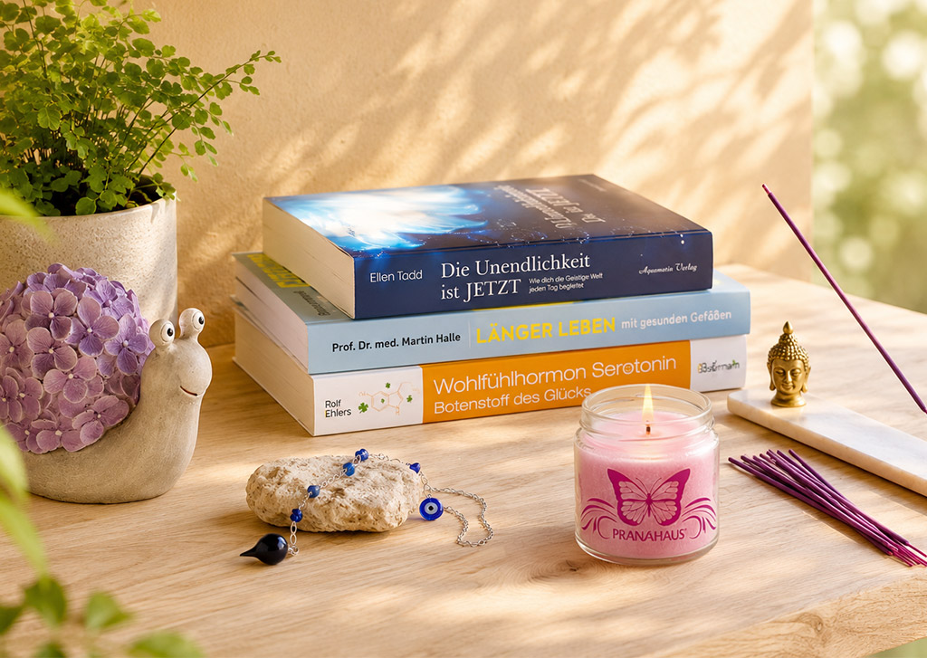 Auf einem hellen Holztisch liegt ein Stapel mit drei Büchern. Daneben stehen eine brennende rosa Duftkerze und ein Räucherstäbchenhalter. Eine Schneckenfigur und ein Pendel ergänzen die sommerliche Szene.